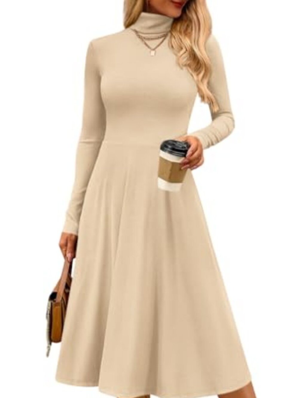 CFLONGE Womens Long Sleeve Turtleneck Dress Midi A Line Fall Dresses